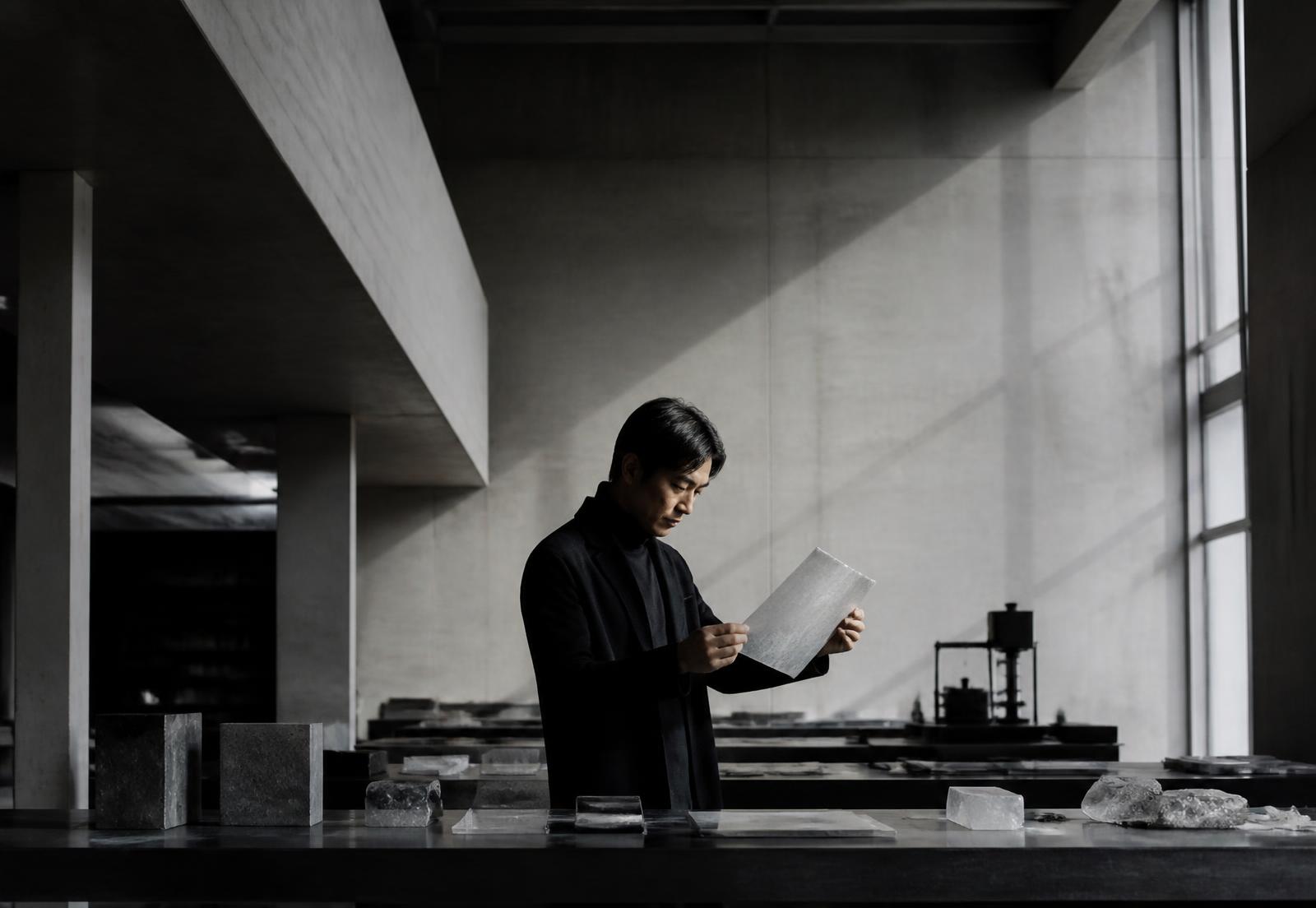 Editorial photograph of a founder examining a translucent material in a workshop